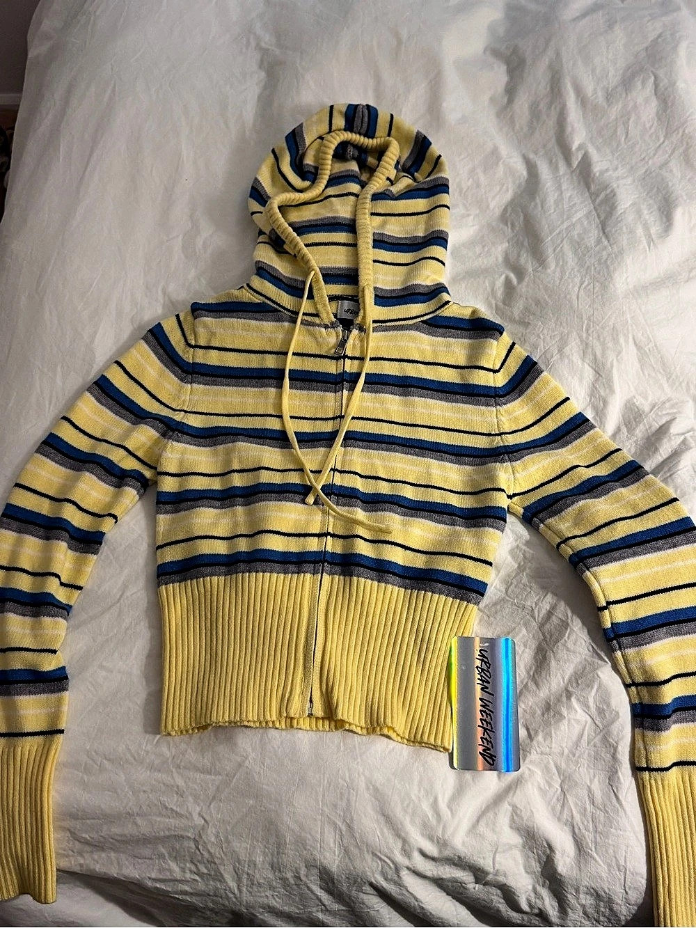 Urban Weekend Striped Hooded Sweater in Yellow & Blue Size Medium NWT